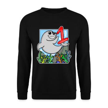 1 Jahr alt - Einschulung - Seelöwe Motiv - Zahl 1 - Unisex Pullover - Schwarz - Vorne - Alina (178cm) & Michal (187cm)