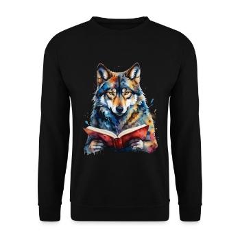 Wolf Lesen Buch Bunt Tier Design Print - Unisex Pullover - Schwarz - Vorne - Alina (178cm) & Michal (187cm)