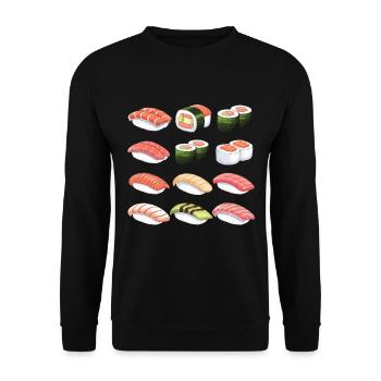 Viele Sushi Zubereitungen - Arten von Sushi - Unisex Pullover - Schwarz - Vorne - Alina (178cm) & Michal (187cm)