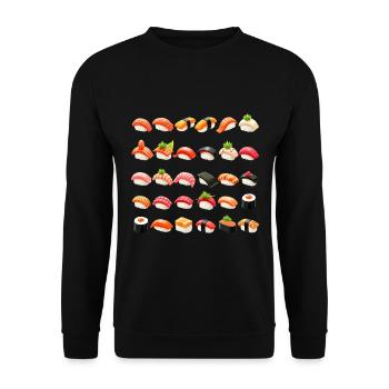 Viele Sushi Zubereitungen - Arten von Sushi - Unisex Pullover - Schwarz - Vorne - Alina (178cm) & Michal (187cm)