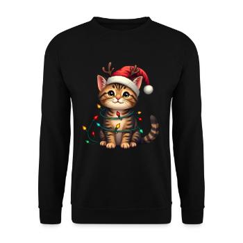 Weihnachtsshirt Katze Weihnachtslichter Geschenk - Unisex Pullover - Schwarz - Vorne - Alina (178cm) & Michal (187cm)
