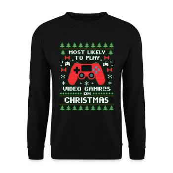 Ich würde am liebsten an Weihnachten Gamer zocken - Unisex Pullover - Schwarz - Vorne - Alina (178cm) & Michal (187cm)