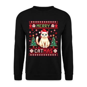 Merry Catmas – Lustige Katze im Rentierkostüm - Unisex Pullover - Schwarz - Vorne - Alina (178cm) & Michal (187cm)