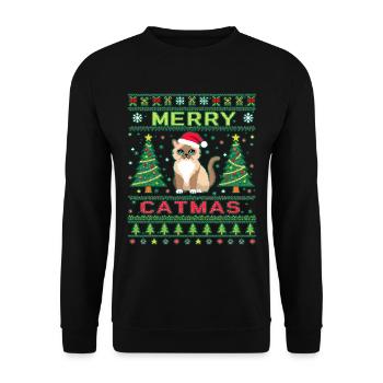 Merry Catmas – Katzenliebhaber Weihnachtsgeschenk - Unisex Pullover - Schwarz - Vorne - Alina (178cm) & Michal (187cm)