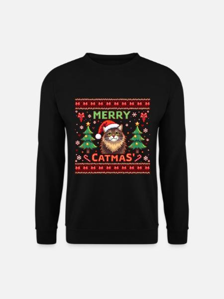 Merry Catmas – Katze mit Schneeflocken - Unisex Pullover - Schwarz