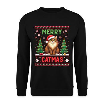Merry Catmas – Süße Katze mit Lichterkette - Unisex Pullover - Schwarz - Vorne - Alina (178cm) & Michal (187cm)