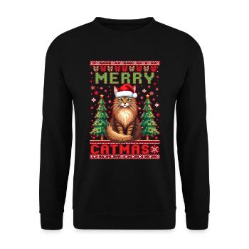 Merry Catmas – Lustiges Weihnachtsdesign für Katze - Unisex Pullover - Schwarz - Vorne - Alina (178cm) & Michal (187cm)