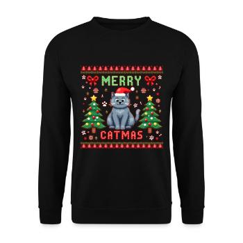 Merry Catmas – Katze unter dem Weihnachtsbaum - Unisex Pullover - Schwarz - Vorne - Alina (178cm) & Michal (187cm)