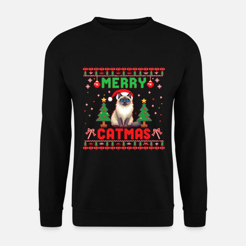 Merry Catmas – Katze mit Weihnachtsmütze - Unisex Pullover - Schwarz