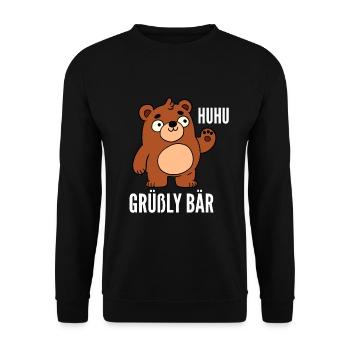 Huhu Grüßly Bär - Unisex Pullover - Schwarz - Vorne - Alina (178cm) & Michal (187cm)