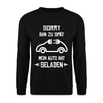 Lustiger Spruch Elektroauto E-Auto Strom - Unisex Pullover - Schwarz - Vorne - Alina (178cm) & Michal (187cm)