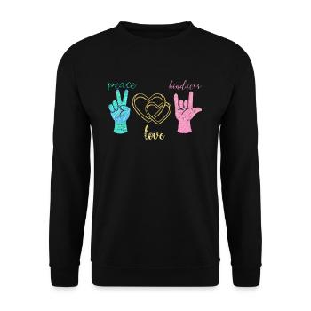 Frieden Liebe Harmonie - Unisex Pullover - Schwarz - Vorne - Alina (178cm) & Michal (187cm)