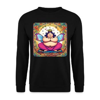 Dicke niedliche Joga Fee in Buddha Position - Unisex Pullover - Schwarz - Vorne - Alina (178cm) & Michal (187cm)