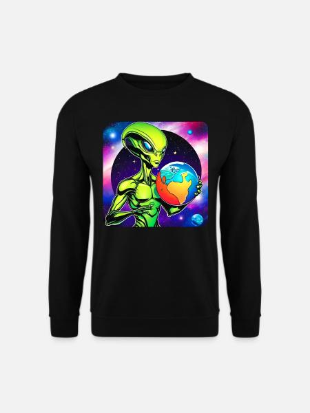 Cooler Alien mit Planet in den Händen - Unisex Pullover - Schwarz