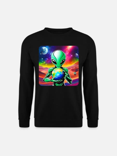Cooler Alien mit Planet in den Händen - Unisex Pullover - Schwarz