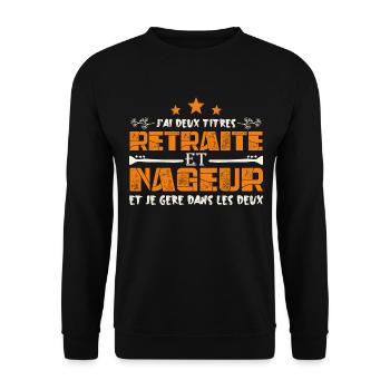 J'ai deux titres Retraite et Nageur. Cadeau - Sweat-shirt Unisexe - noir - Devant - Alina (178cm) & Michal (187cm)