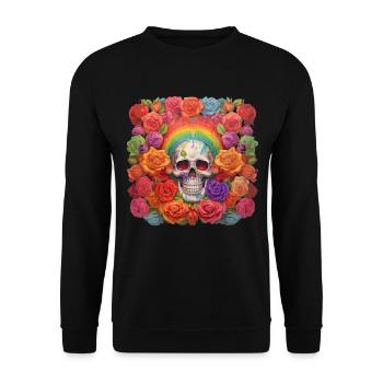 Totenkopf mit Regenbogen im Rosenbett - Unisex Pullover - Schwarz - Vorne - Alina (178cm) & Michal (187cm)