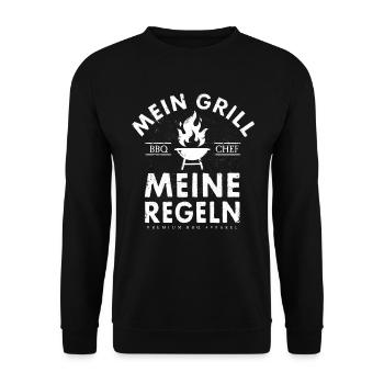 MEIN GRILL MEINE REGELN BBQ CHEF KOCH GRILLMEISTER - Unisex Pullover - Schwarz - Vorne - Alina (178cm) & Michal (187cm)