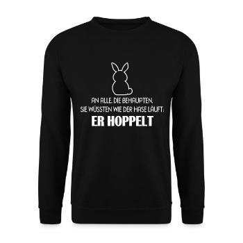 Hase Läuft Hoppelt Besserwisser Klugscheißer - Unisex Pullover - Schwarz - Vorne - Alina (178cm) & Michal (187cm)
