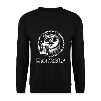 Moin Meister Eule Norddeutscher Gruß - Unisex Pullover - Schwarz - Vorne - Alina (178cm) & Michal (187cm)