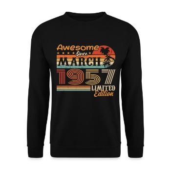 März 1957 Jahrgang 1957 Retro Geburtstagsgeschenk - Unisex Pullover - Schwarz - Vorne - Alina (178cm) & Michal (187cm)