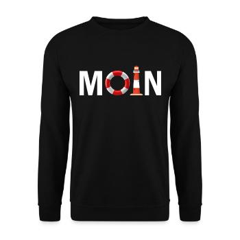 Moin mit dem Rettungsring und dem Leuchtturm Moin - Unisex Pullover - Schwarz - Vorne - Alina (178cm) & Michal (187cm)