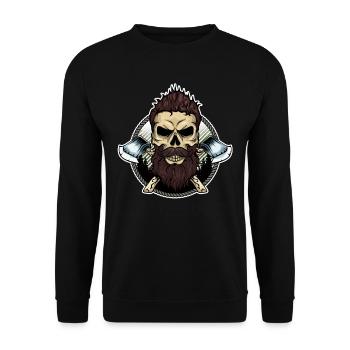 Holzfäller Totenkopf Pirat mit Axt - Unisex Pullover - Schwarz - Vorne - Alina (178cm) & Michal (187cm)