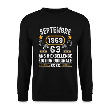 Septembre 1959 63 Ans Anniversaire Idée Cadeau - Sweat-shirt Unisexe - noir - Devant - Alina (178cm) & Michal (187cm)