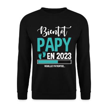 Bientôt Papy En 2023 Idée Cadeau Annonce Grossesse - Sweat-shirt Unisexe - noir - Devant - Alina (178cm) & Michal (187cm)