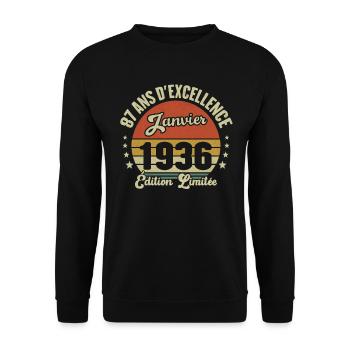 87 Ans Janvier 1936 Anniversaire Vintage Cadeau - Sweat-shirt Unisexe - noir - Devant - Alina (178cm) & Michal (187cm)
