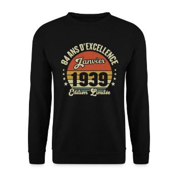 84 Ans Janvier 1939 Anniversaire Vintage Cadeau - Sweat-shirt Unisexe - noir - Devant - Alina (178cm) & Michal (187cm)