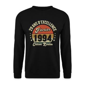 29 Ans Février 1994 Anniversaire Vintage Cadeau - Sweat-shirt Unisexe - noir - Devant - Alina (178cm) & Michal (187cm)