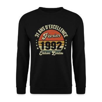 31 Ans Février 1992 Anniversaire Vintage Cadeau - Sweat-shirt Unisexe - noir - Devant - Alina (178cm) & Michal (187cm)