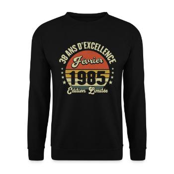 38 Ans Février 1985 Anniversaire Vintage Cadeau - Sweat-shirt Unisexe - noir - Devant - Alina (178cm) & Michal (187cm)