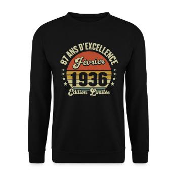 87 Ans Février 1936 Anniversaire Vintage Cadeau - Sweat-shirt Unisexe - noir - Devant - Alina (178cm) & Michal (187cm)