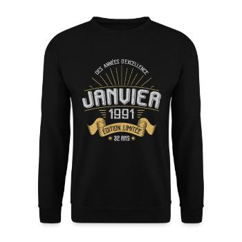 Anniversaire 1991 32 Ans Janvier Cadeau Vintage - Sweat-shirt Unisexe - noir - Devant - Alina (178cm) & Michal (187cm)