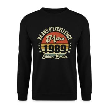 34 Ans D'excellence Mars 1989 Édition Limitée - Sweat-shirt Unisexe - noir - Devant - Alina (178cm) & Michal (187cm)