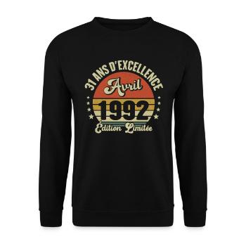 Avril 1992 31 Ans Anniversaire Vintage Idée Cadeau - Sweat-shirt Unisexe - noir - Devant - Alina (178cm) & Michal (187cm)