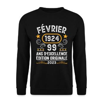 Anniversaire Vintage Idée Cadeau Février 1924 99 - Sweat-shirt Unisexe - noir - Devant - Alina (178cm) & Michal (187cm)