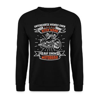 Geschenkidee Ein Alter Mann Auf Einem Motorrad - Unisex Pullover - Schwarz - Vorne - Alina (178cm) & Michal (187cm)