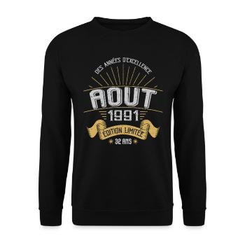 Août 1991 32 Ans Anniversaire Vintage Cadeau - Sweat-shirt Unisexe - noir - Devant - Alina (178cm) & Michal (187cm)