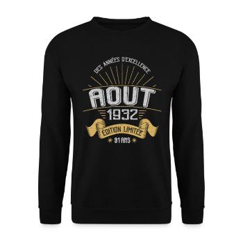 Août 1932 91 Ans Anniversaire Vintage Cadeau - Sweat-shirt Unisexe - noir - Devant - Alina (178cm) & Michal (187cm)