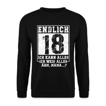 18th Birthday Boy Girl 18 Years Funny Gift - Unisex Pullover - Schwarz - Vorne - Alina (178cm) & Michal (187cm)