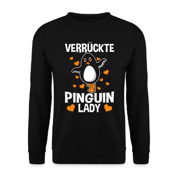 Verrückte Pinguin Lady - Unisex Pullover - Schwarz - Vorne - Alina (178cm) & Michal (187cm)