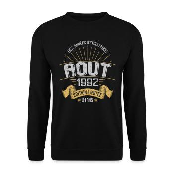 Août 1992 31 Ans Anniversaire Vintage Cadeau - Sweat-shirt Unisexe - noir - Devant - Alina (178cm) & Michal (187cm)
