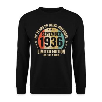 September 1936 87 Jahre Jubiläumsgeschenk - Unisex Pullover - Schwarz - Vorne - Alina (178cm) & Michal (187cm)