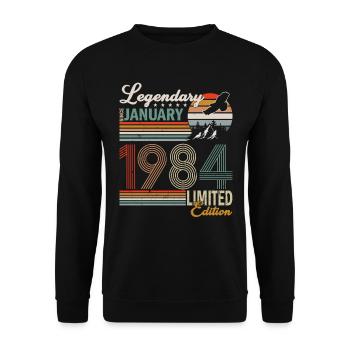 Janvier 1984. Cadeau d’anniversaire Janvier 1984. - Sweat-shirt Unisexe - noir - Devant - Alina (178cm) & Michal (187cm)