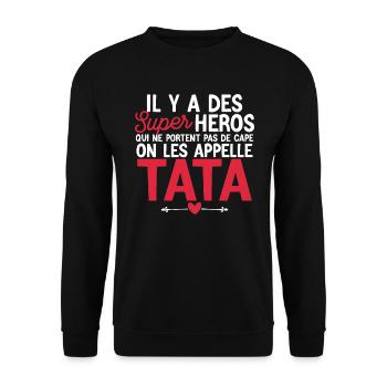 "tata super héros" t-shirt humour tante - Sweat-shirt Unisexe - noir - Devant - Alina (178cm) & Michal (187cm)