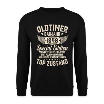 Nostalgie Geschenk '49er Oldtimer - Unisex Pullover - Schwarz - Vorne - Alina (178cm) & Michal (187cm)