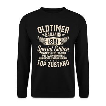 Oldtimer Geschenk 1981 Geburtstag - Unisex Pullover - Schwarz - Vorne - Alina (178cm) & Michal (187cm)